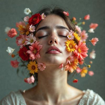 The primary subject of the image is a woman with a flower crown on her head. She is wearing a white dress and has a pink flower in her hair. The setting is a garden, with a variety of flowers surrounding her. The visual style is a close-up, with the woman's face being the main focus of the image. The colors and mood are bright and cheerful, with the flowers adding a touch of natural beauty to the scene.